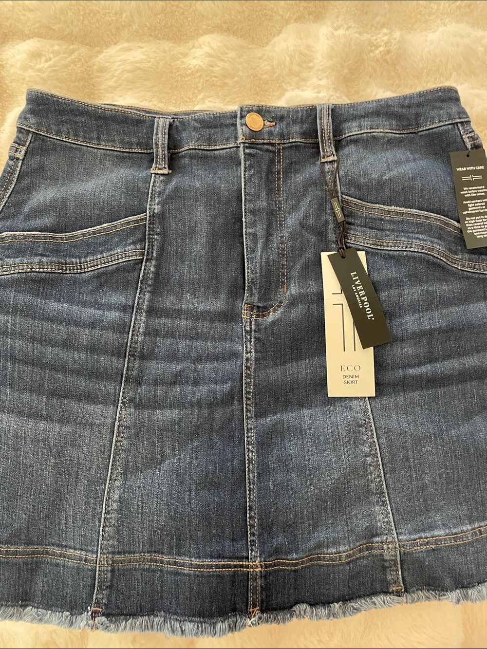Liverpool Women's Dark Blue Denim Skirt with Frayed Hem